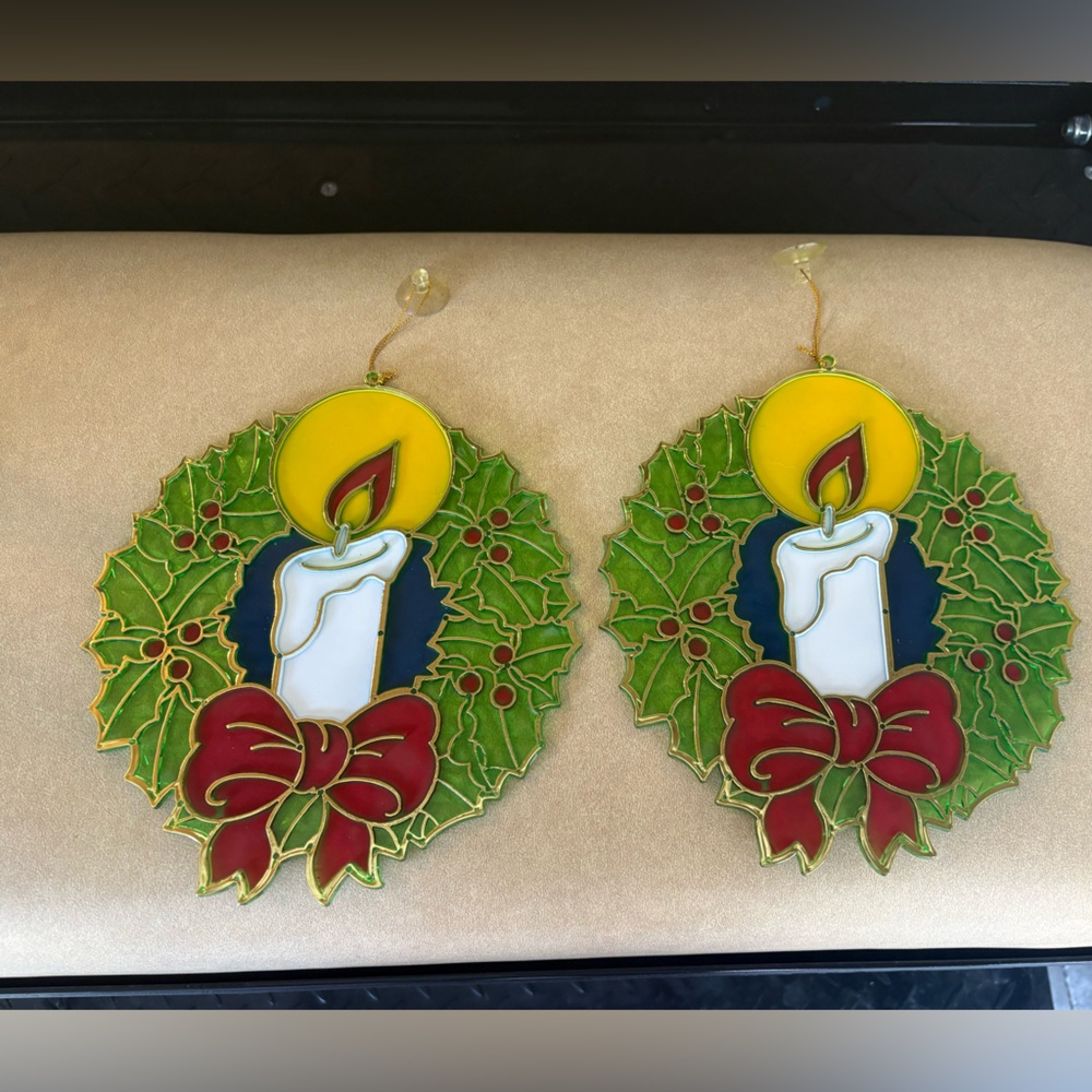Christmas Vintage Hallmark 1977 Plastic Stained Glass Ornament. Set Of 2
